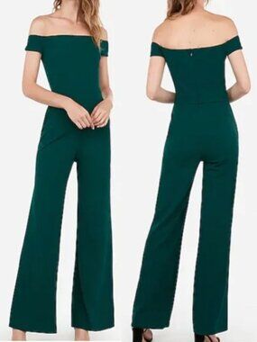 Express Off-The-Shoulder Wide Leg Jumpsuit in Green XS